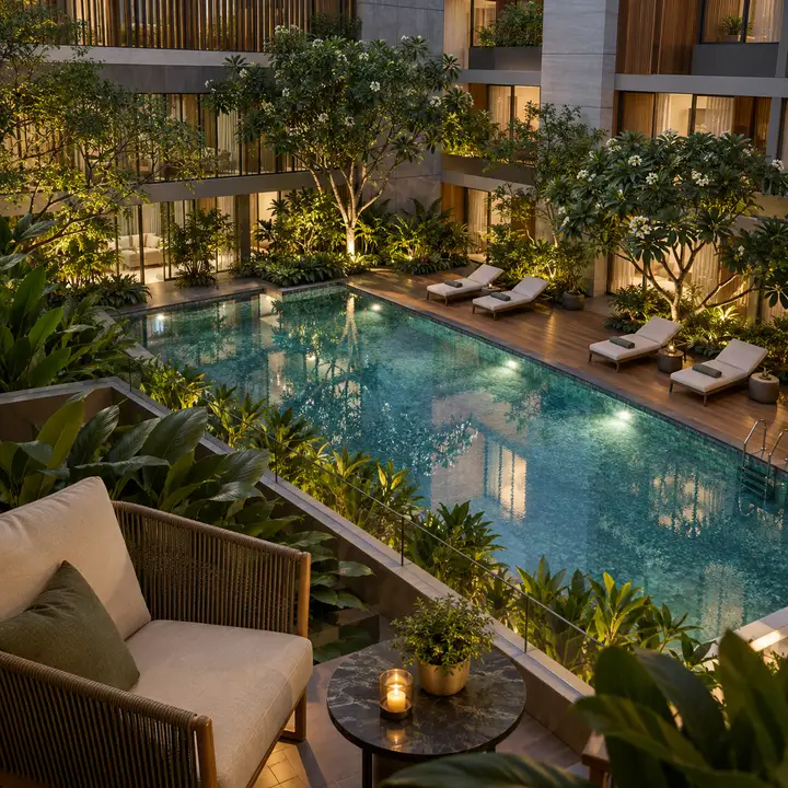 Vaswani Bagalur central courtyard seen from a first-floor deck, artist's impression