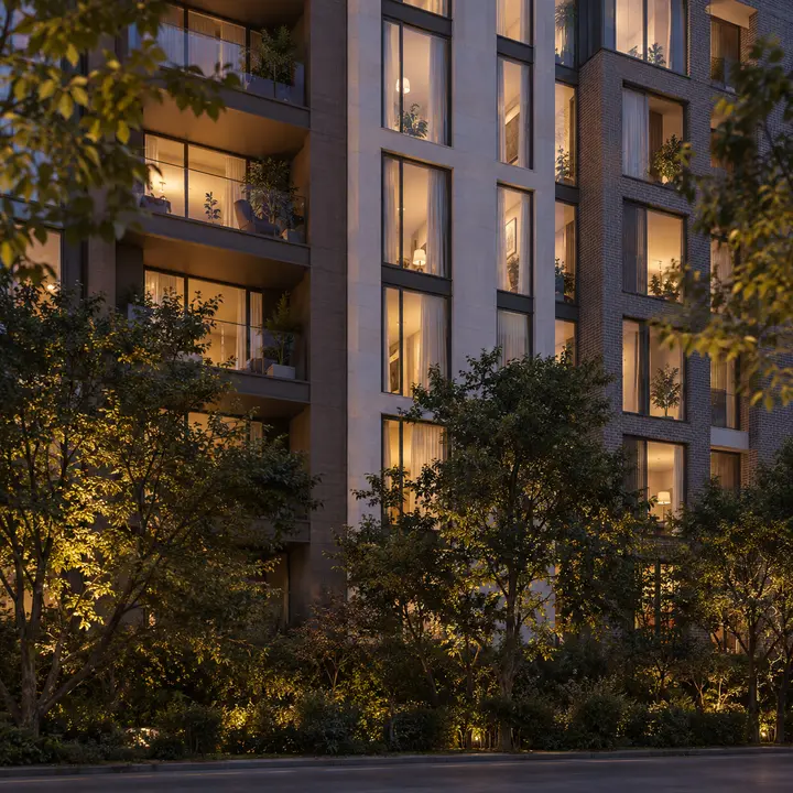 Vaswani Bagalur apartment blocks lit in the evening, artist's impression